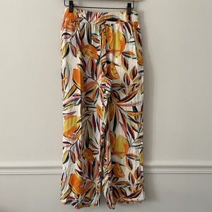 C&C California 100% Linen Lemon Print Wide Leg Crop Pants Sz S Novelty‎ Resort